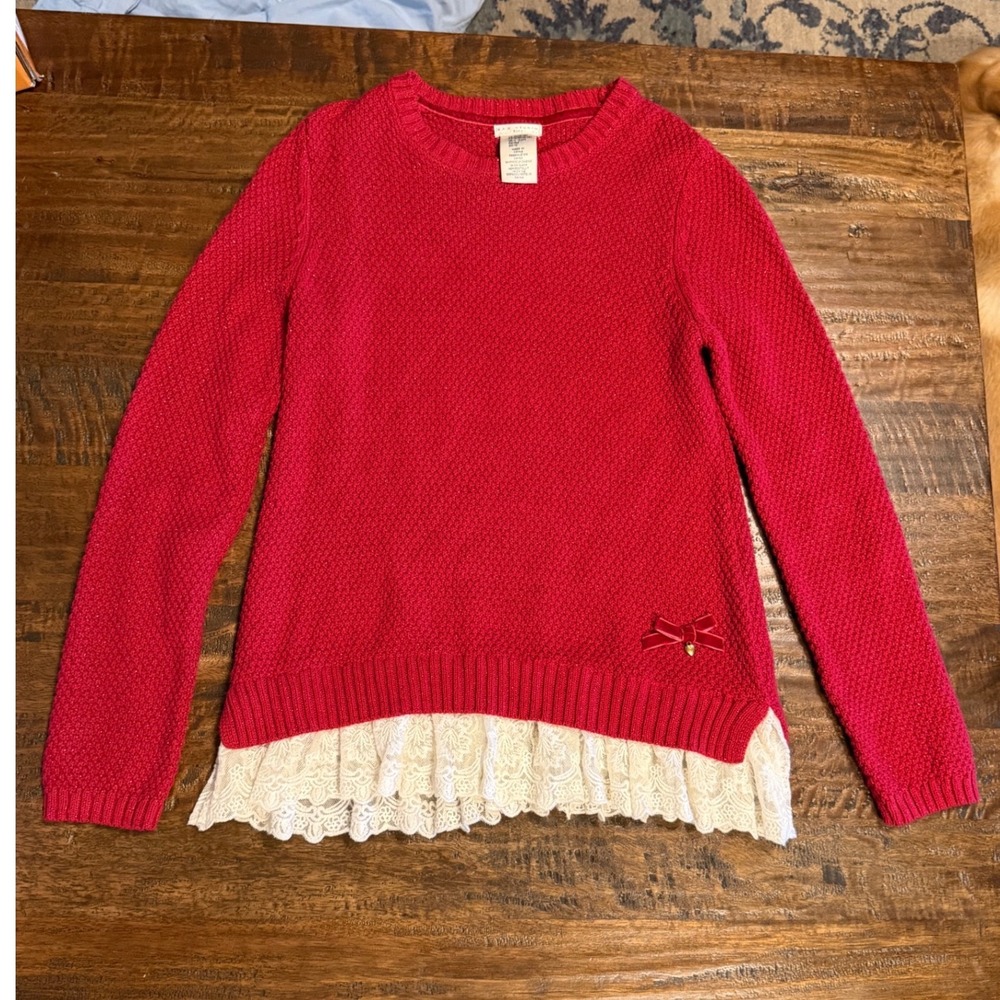 Max Studio Kids Red Sparkle Knit Sweater Lace Hem Velvet Bow Heart Girls M 10-12